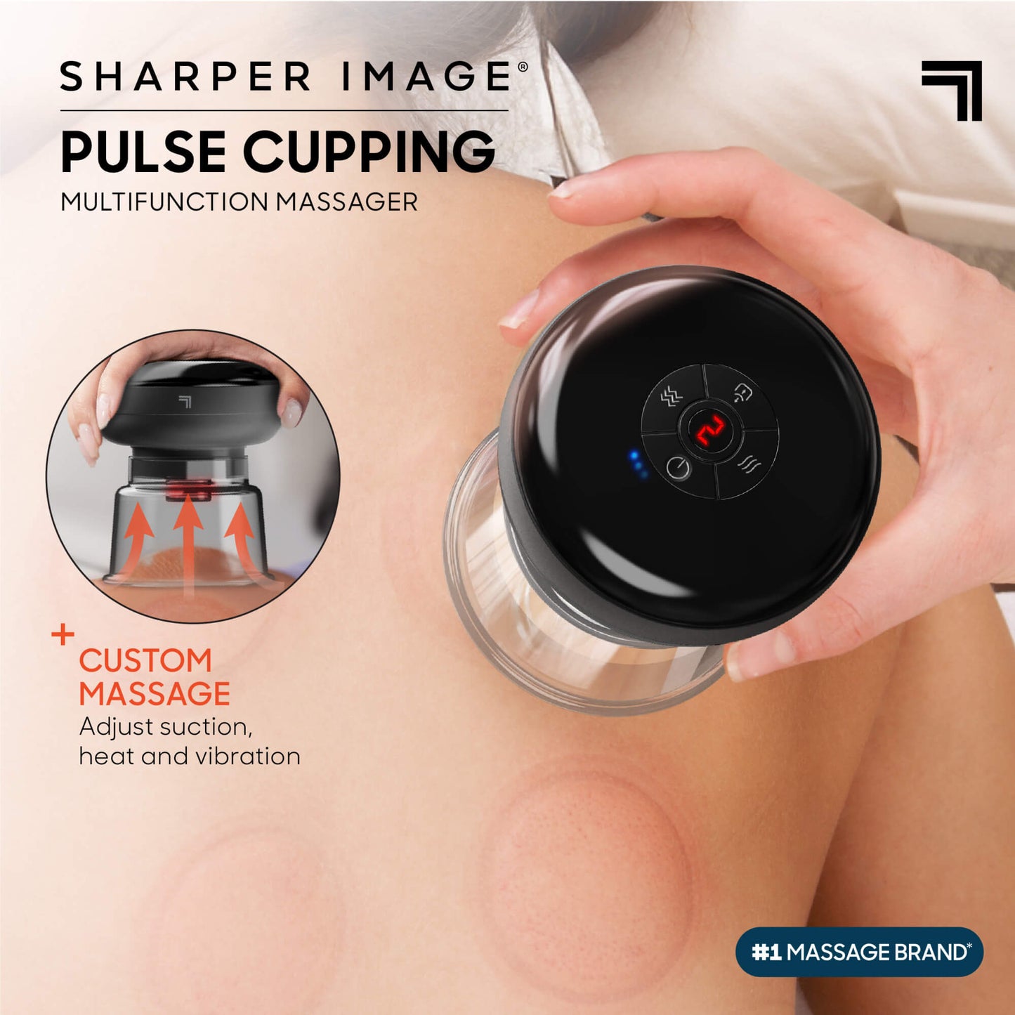 Pulse Cupping Multifunction Massager being used on back showing custom massage feature and number 1 massage brand