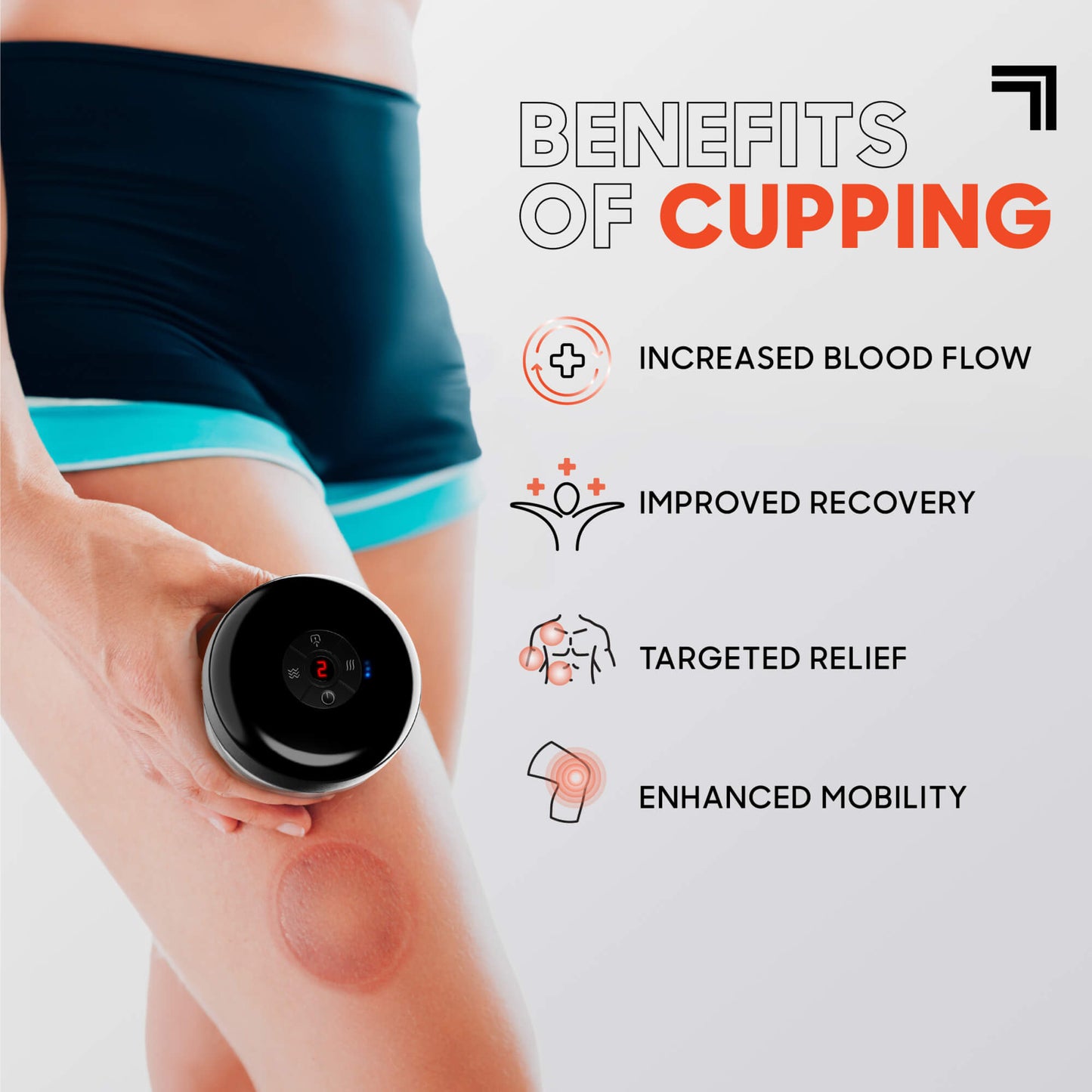 Pulse Cupping Multifunction Massager being used on person's leg featuring benefits of cupping increased blood flow, improved recovery, targeted relief, enhanced mobility