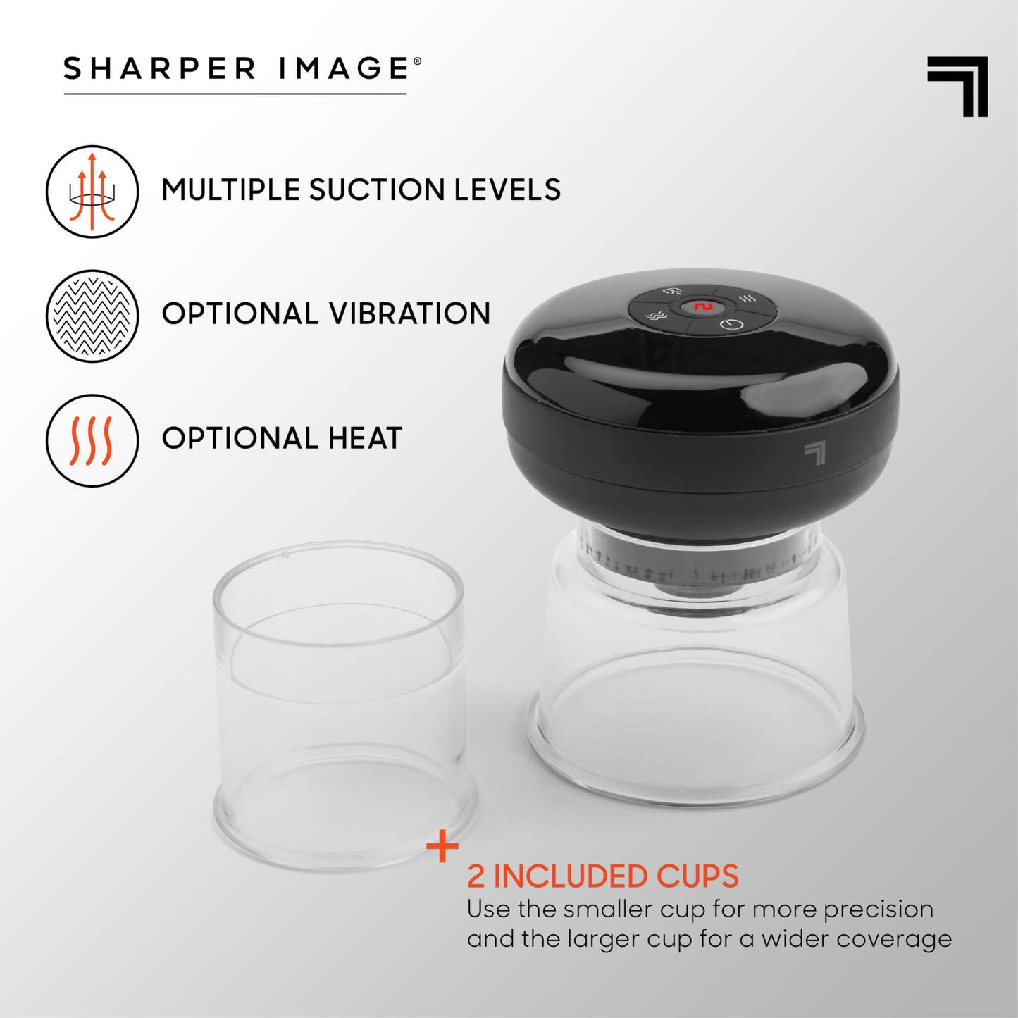 Pulse Cupping Multifunction Massager with features multiple suction levels, optional vibration, optional heat and 2 included cups