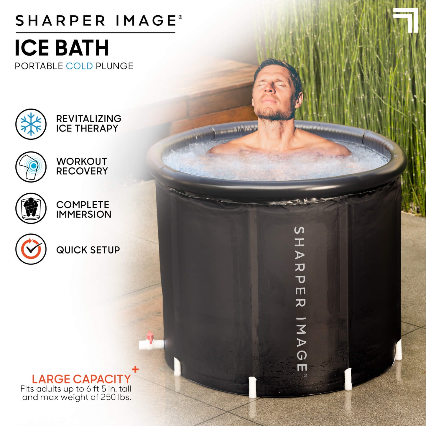 Person sitting in Ice Bath Portable Cold Plunge with head out showing features revitalizing ice therapy, workout recovery, complete immersion, quick setup and large capacity