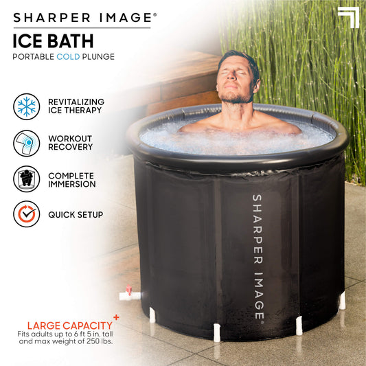Person sitting in Ice Bath Portable Cold Plunge with head out showing features revitalizing ice therapy, workout recovery, complete immersion, quick setup and large capacity