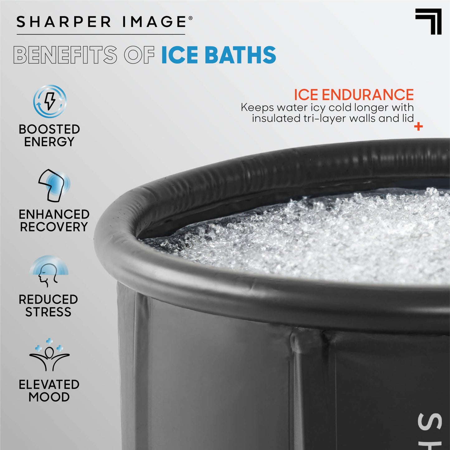 Ice Bath Portable Cold Plunge filled up with ice showing ice endurance and benefits of ice baths boosted energy, enhanced recovery, reduced stress, elevated mood