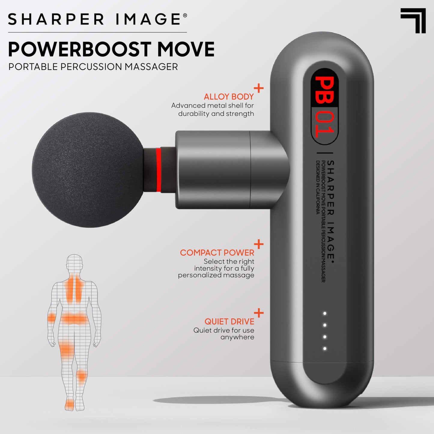 PowerBoost™ Move Portable Percussion Massager showing features alloy body, compact power, quiet drive and an image of a body showing zones it can be used on