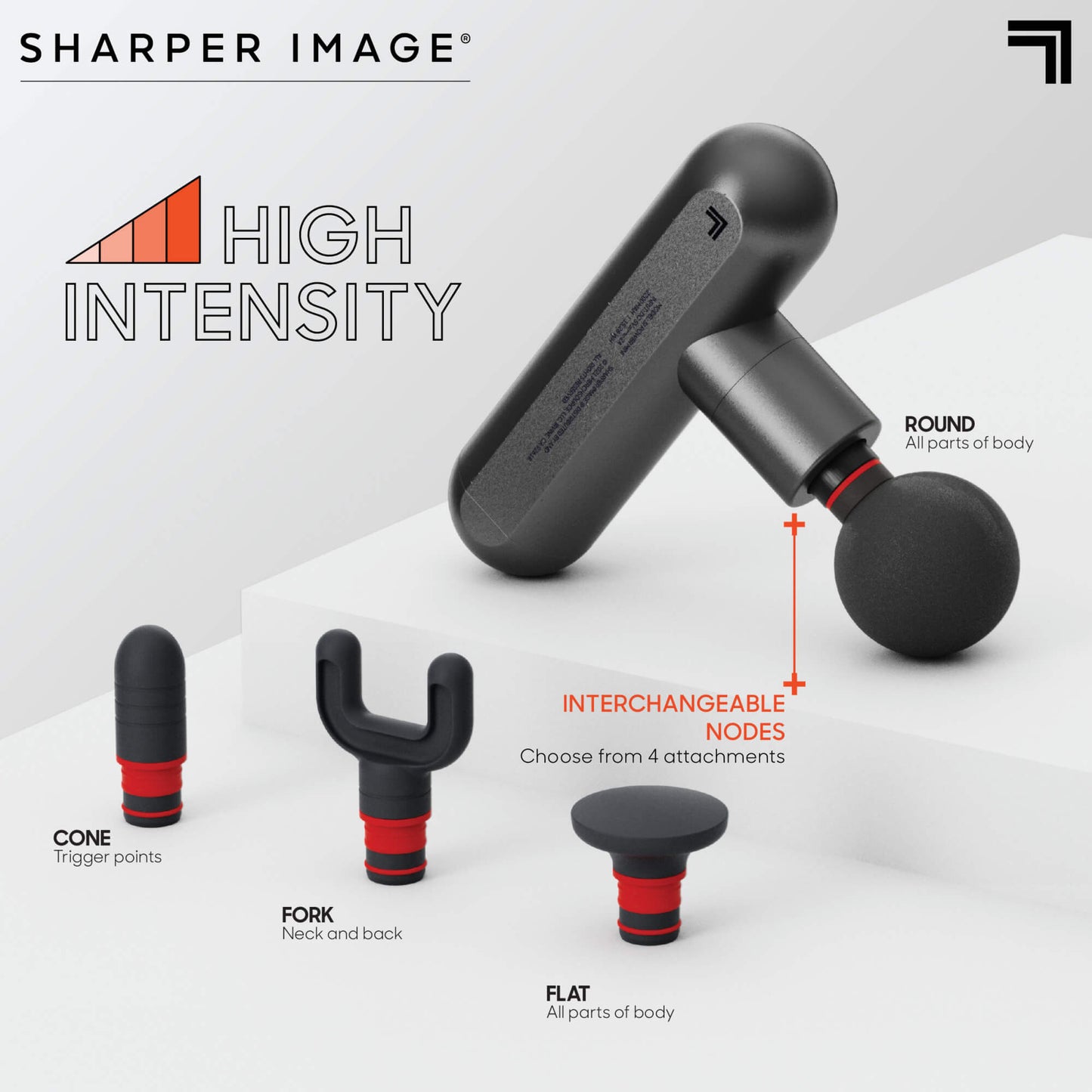 PowerBoost™ Move Portable Percussion Massager features high intensity, interchangable nodes showing 4 nodes that are round, cone, fork, flat