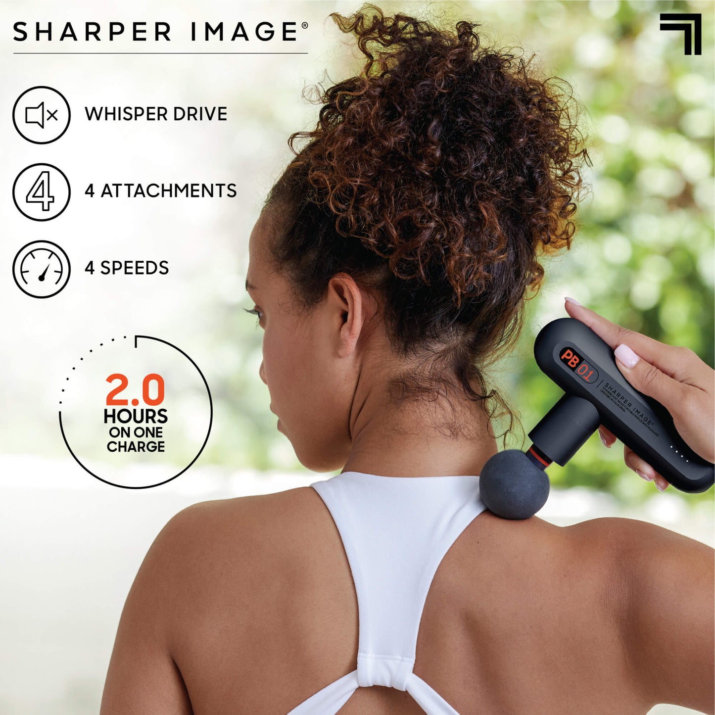 Person using PowerBoost™ Move Portable Percussion Massager on shoulder, looking away, features whisper drive, 4 attachments, 4 speeds, 2.0 hours on one charge