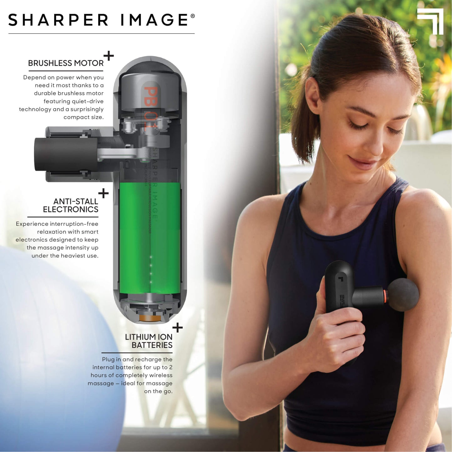 PowerBoost™ Move Portable Percussion Massager being used on inside of person's arm, features brushless motor, anti-stall electronics, lithium ion batteries