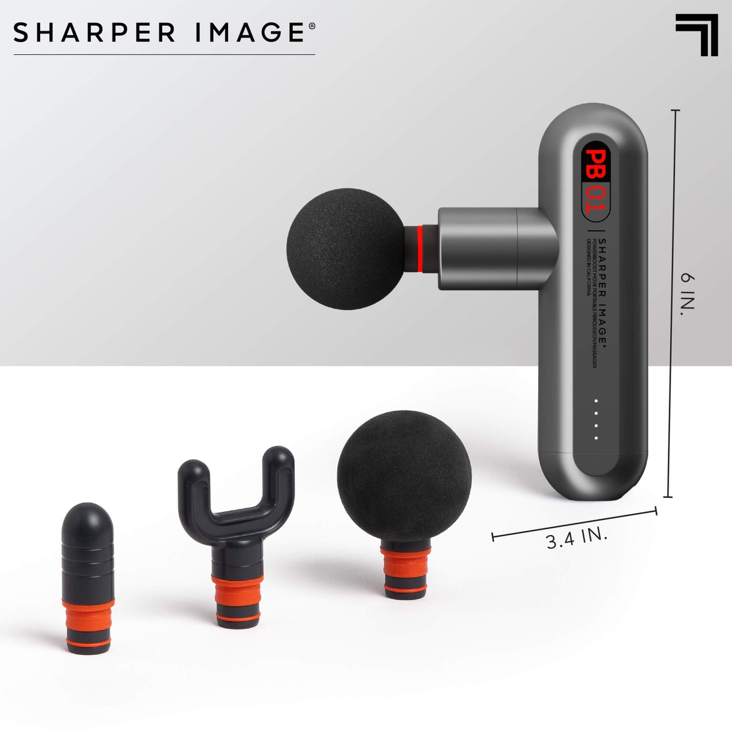 PowerBoost™ Move Portable Percussion Massager showing 3 additional attachments and dimensions 6 inches by 3.4 inches