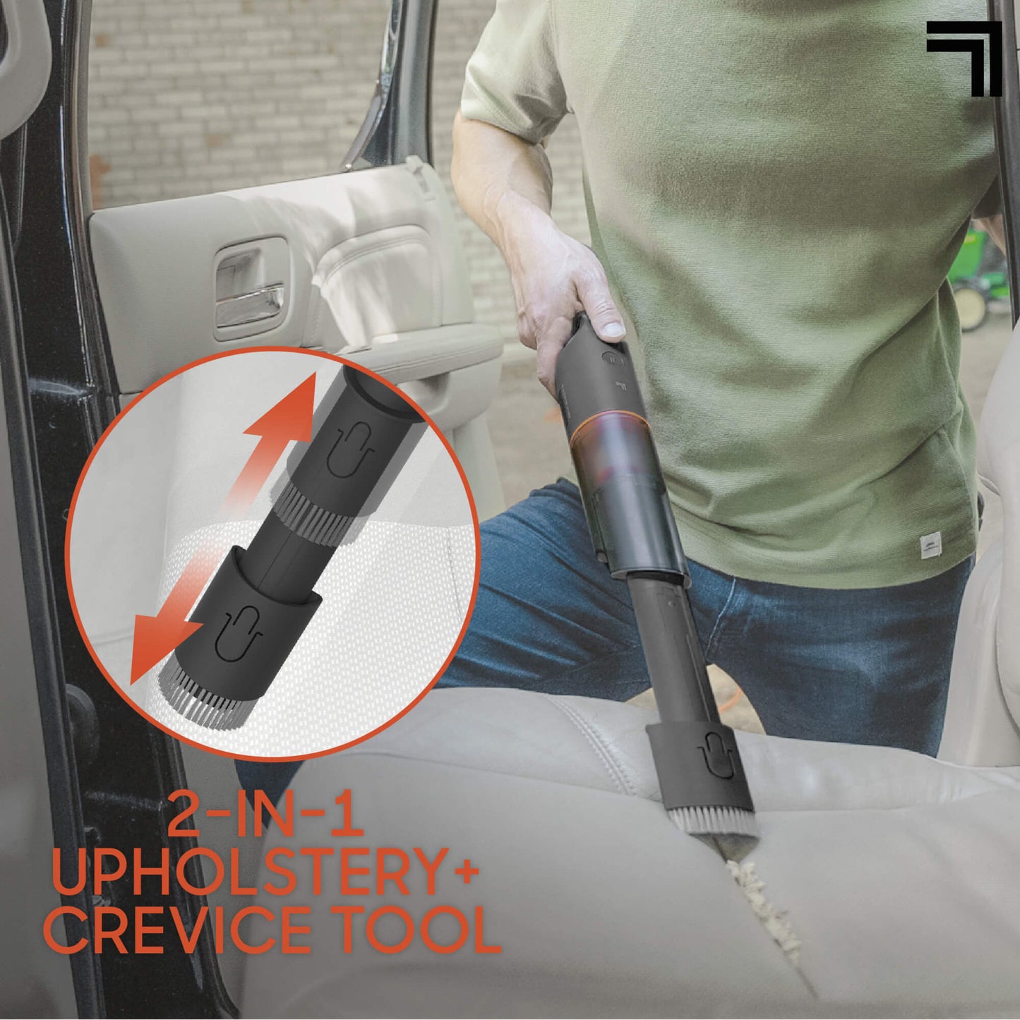 Lightweight Handheld Vacuum With Crevice Tool & Storage Dock feature 2-in-1 upholstery and crevice tool being used in a car