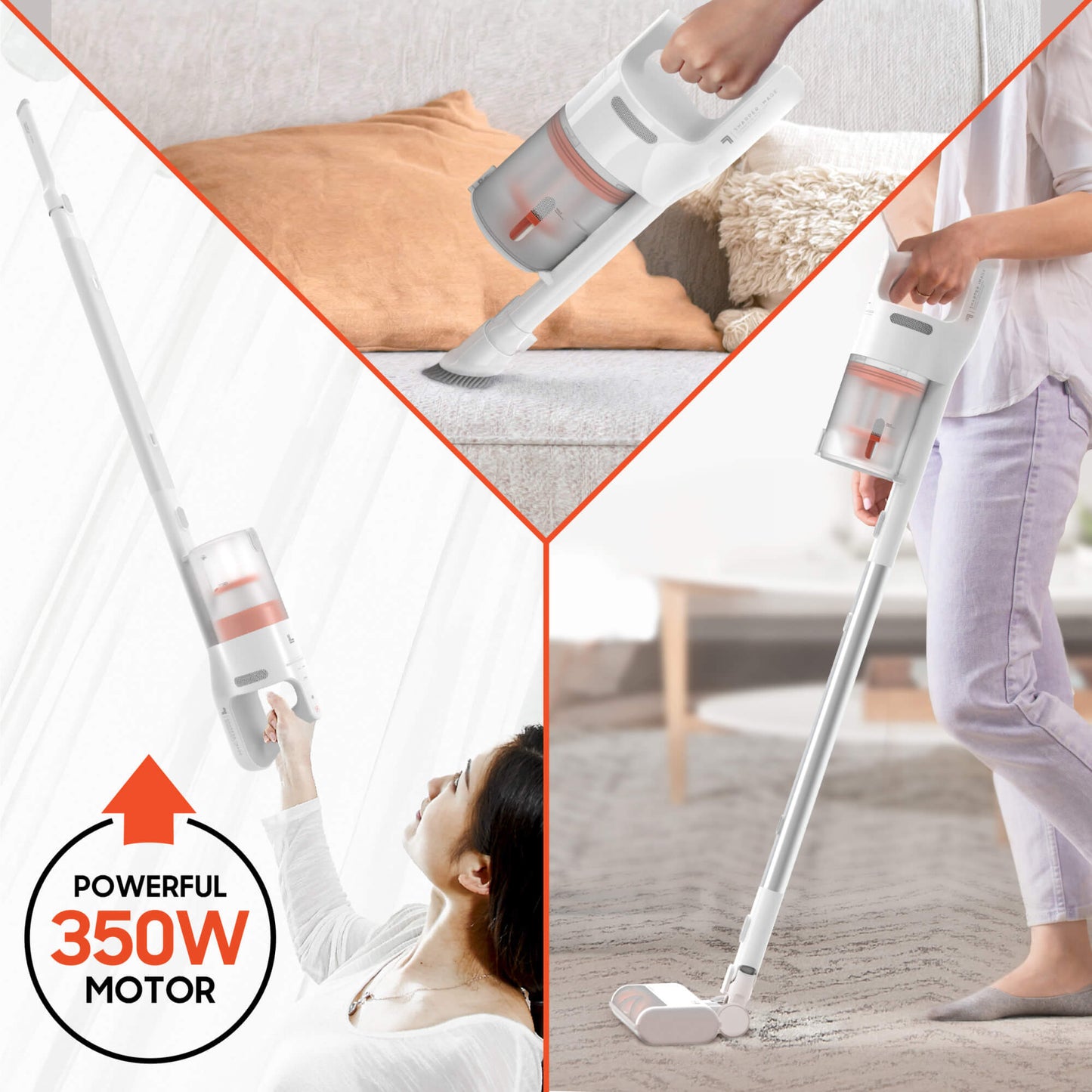2-In-1 Cordless Vacuum - Stick and Handheld Combo being used on couch, wall, floor with powerful 350w motor feature