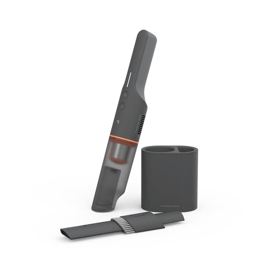 Lightweight Handheld Vacuum With Crevice Tool & Storage Dock with attachments upright on a white background