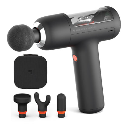 Sharper Image PowerBoost Circuit deep tissue percussion massager with four interchangeable massage heads and zippered carrying case.