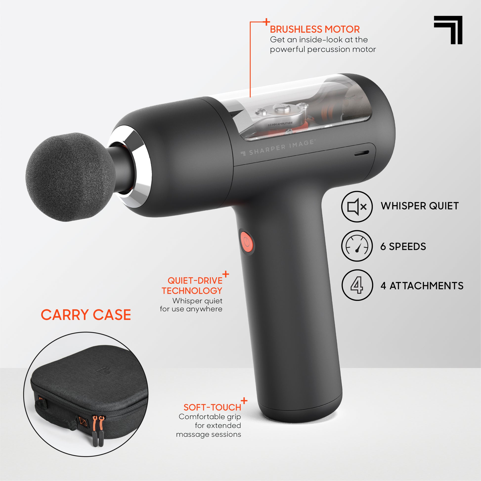Sharper Image PowerBoost Circuit percussion massage gun highlighting brushless motor, Quiet-Drive Technology, six speeds, four attachments, soft-touch grip, and carrying case.