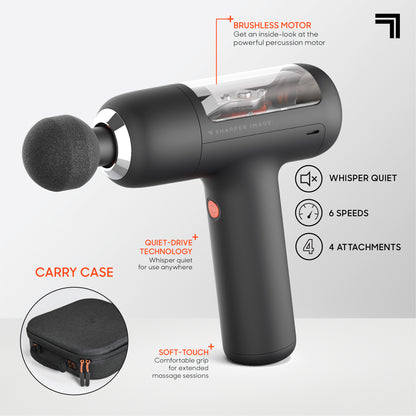 Sharper Image PowerBoost Circuit percussion massage gun highlighting brushless motor, Quiet-Drive Technology, six speeds, four attachments, soft-touch grip, and carrying case.