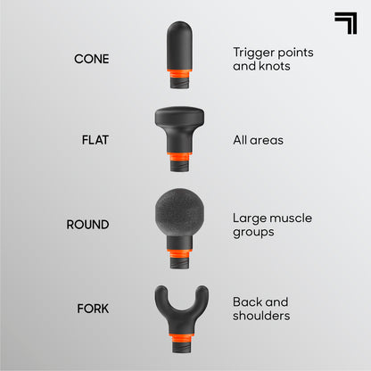Four interchangeable PowerBoost Circuit massage heads with recommended uses for trigger points, large muscle groups, back, shoulders, and general massage.