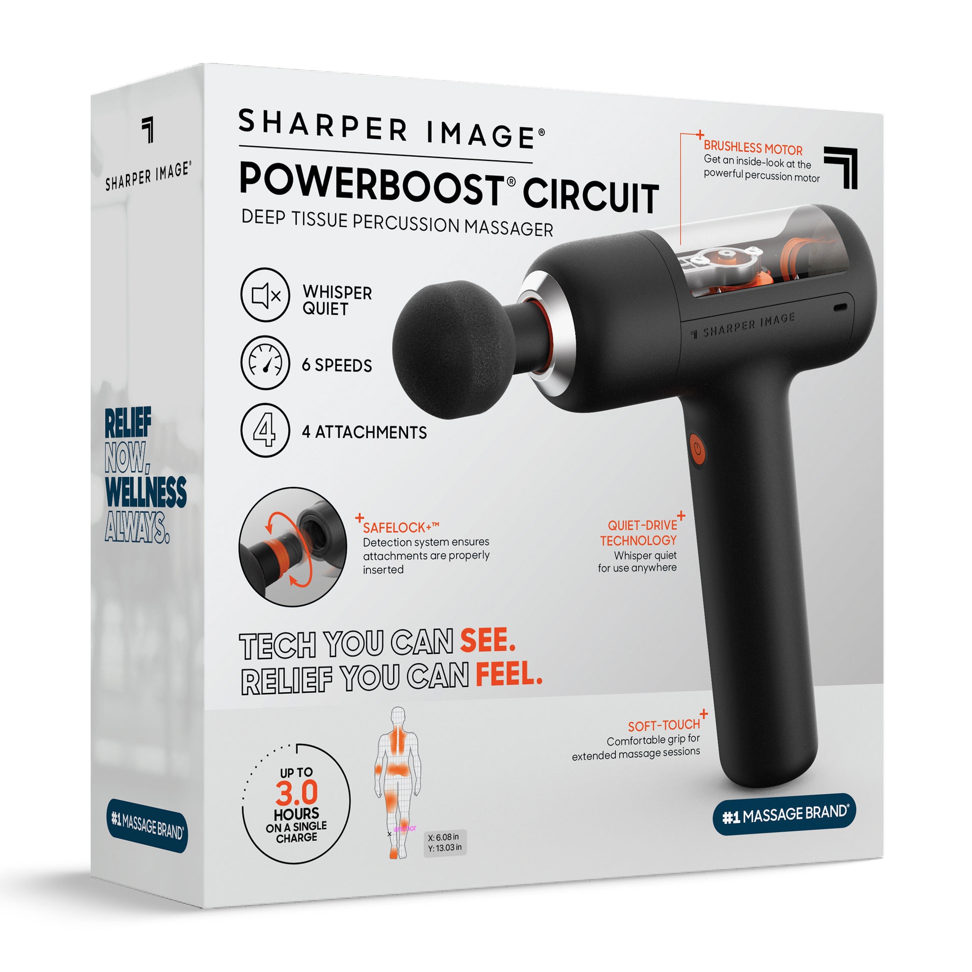 Front of the Sharper Image PowerBoost Circuit deep tissue percussion massager retail box highlighting key features and included accessories.