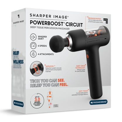 Front of the Sharper Image PowerBoost Circuit deep tissue percussion massager retail box highlighting key features and included accessories.