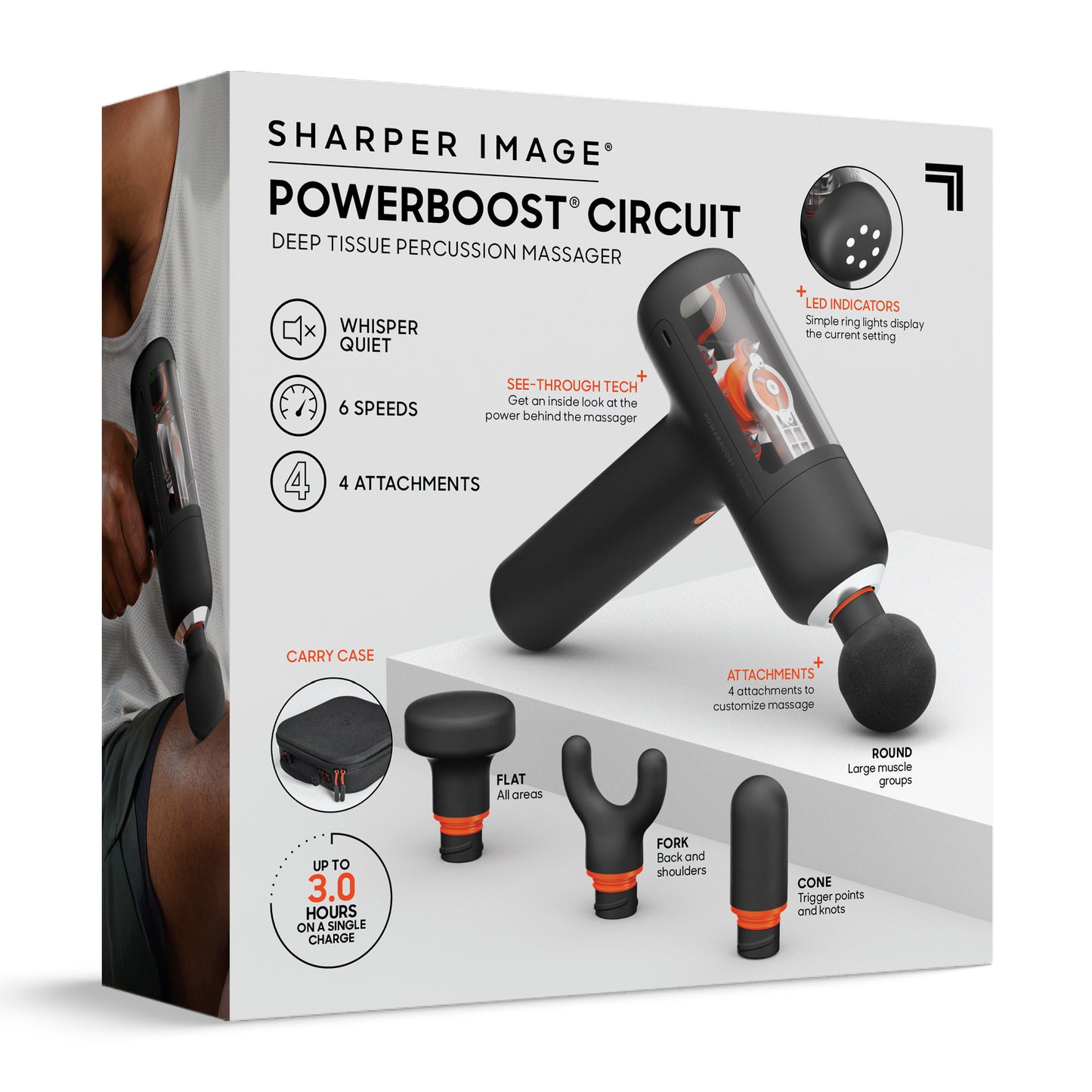 Back of the Sharper Image PowerBoost Circuit retail box showing massage head attachments, product features, and usage information.