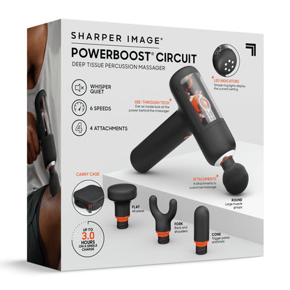 Back of the Sharper Image PowerBoost Circuit retail box showing massage head attachments, product features, and usage information.