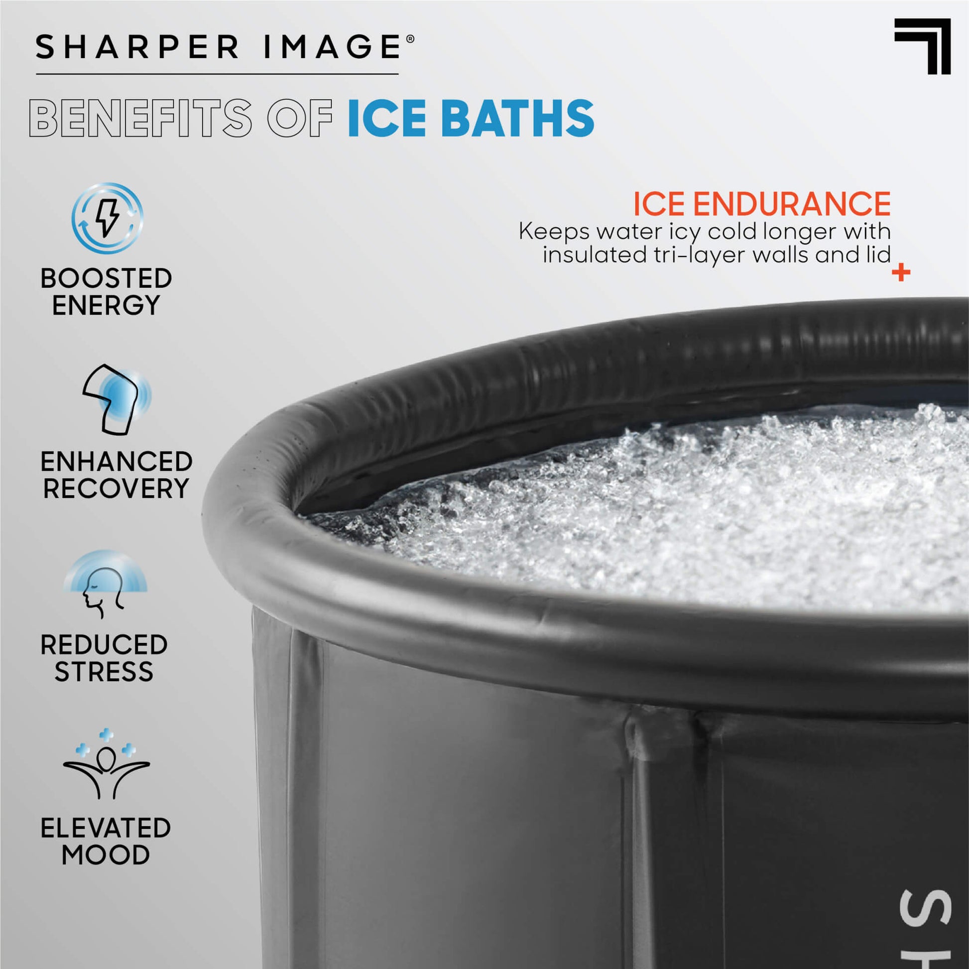Ice Bath Portable Cold Plunge filled up with ice showing ice endurance and benefits of ice baths boosted energy, enhanced recovery, reduced stress, elevated mood
