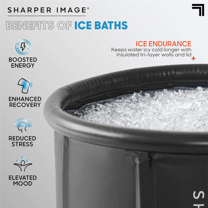 Ice Bath Portable Cold Plunge filled up with ice showing ice endurance and benefits of ice baths boosted energy, enhanced recovery, reduced stress, elevated mood