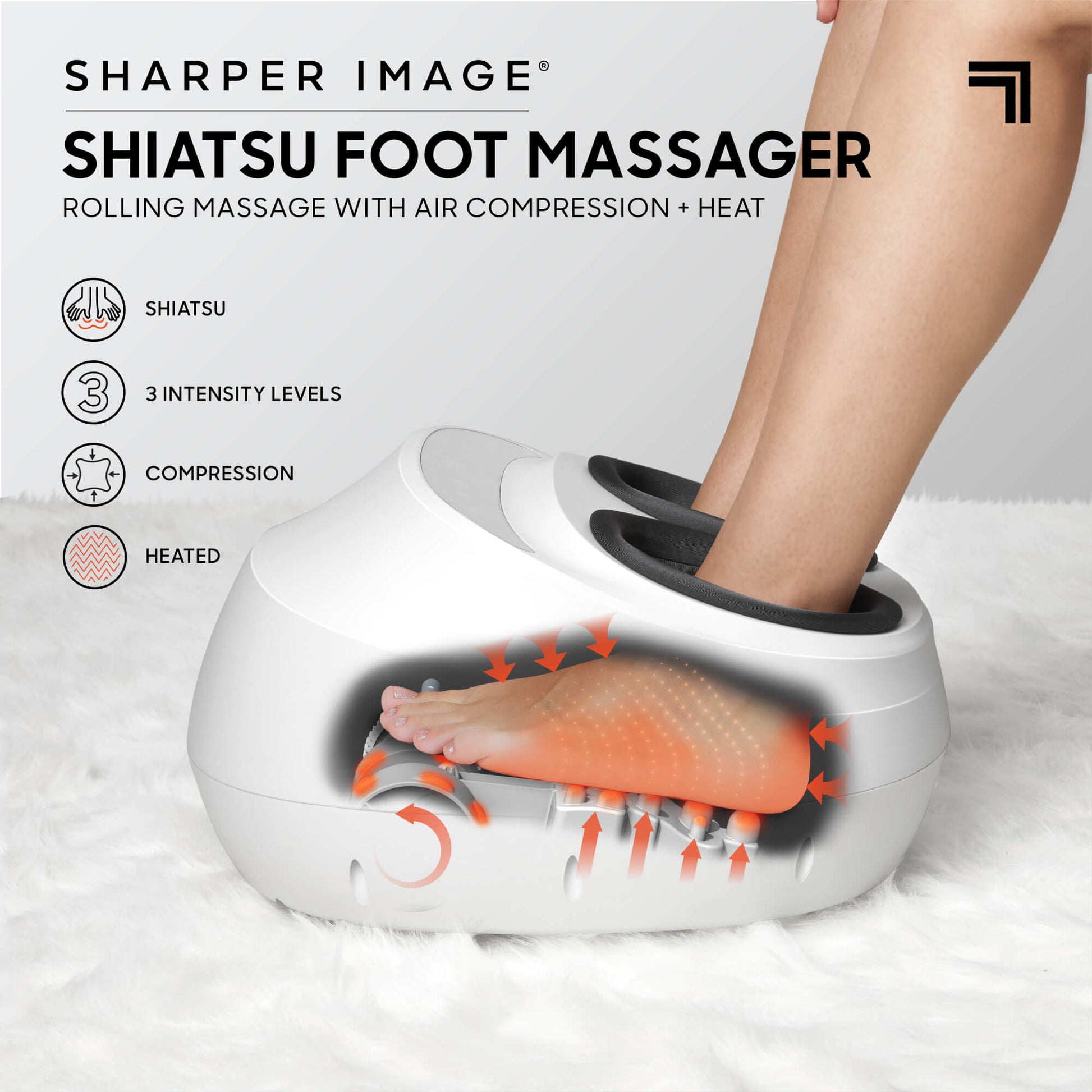 Shiatsu Foot Massager demonstration with feet in massager with shiatsu, 3 intensity levels, compression, and heated