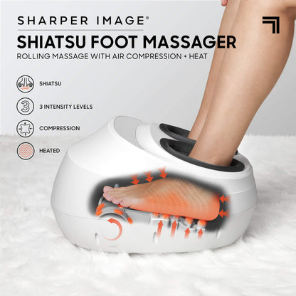 Shiatsu Foot Massager demonstration with feet in massager with shiatsu, 3 intensity levels, compression, and heated