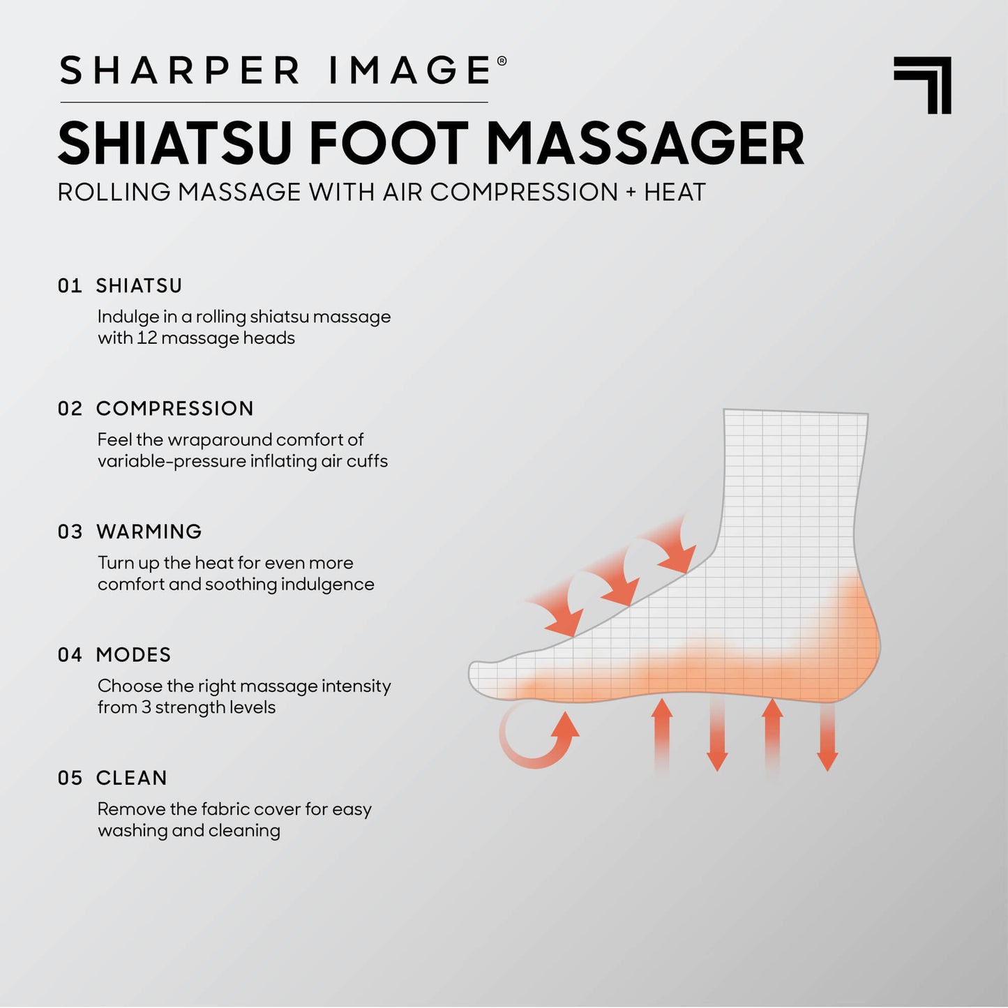 Shiatsu Foot Massager graphic demonstrating features and heat with shiatsu, compression, warming, modes and clean