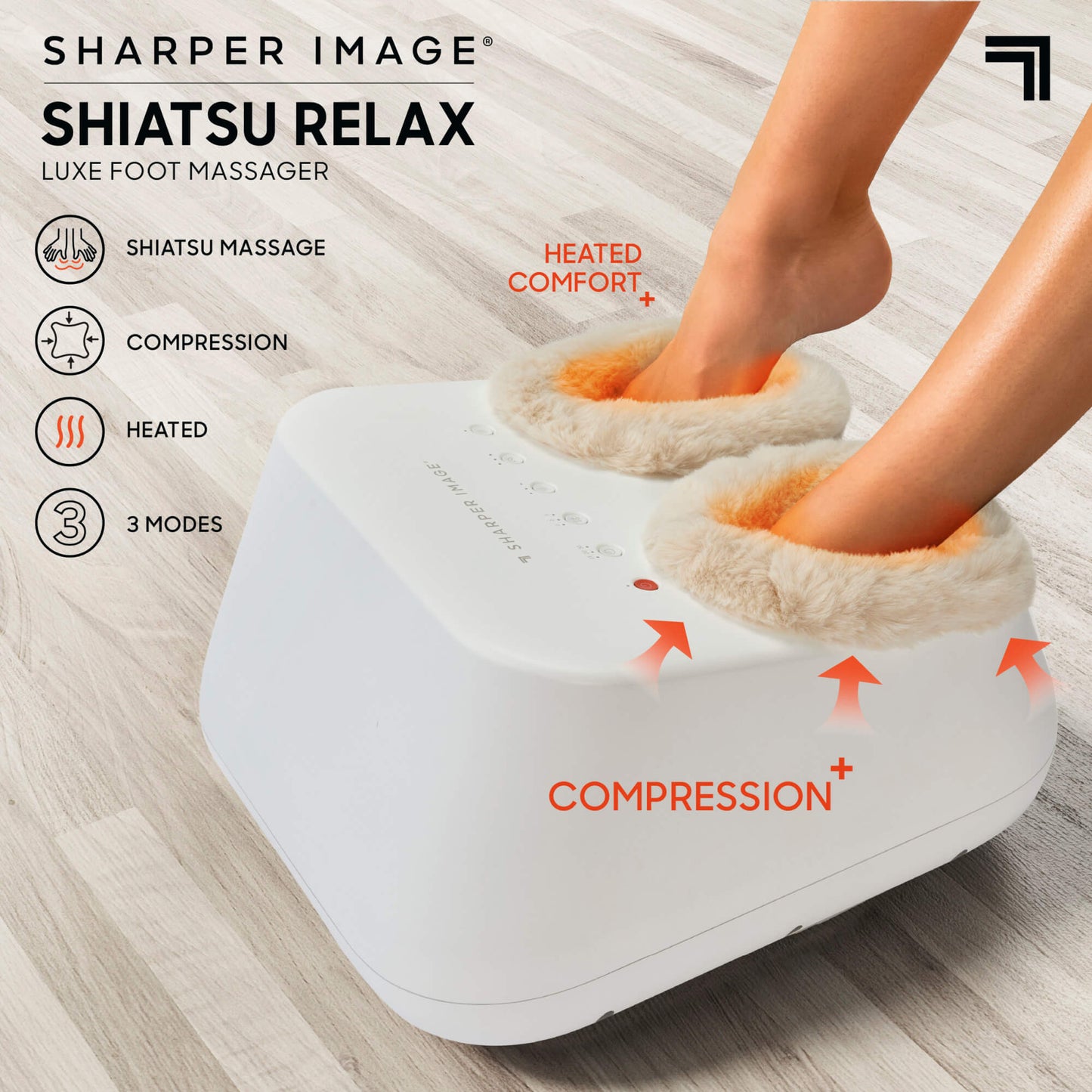 Shiatsu Relax Luxe Foot Massager demonstration with feet inside showing heated comfort, compression, shiatsu massage, compression, heated, 3 modes