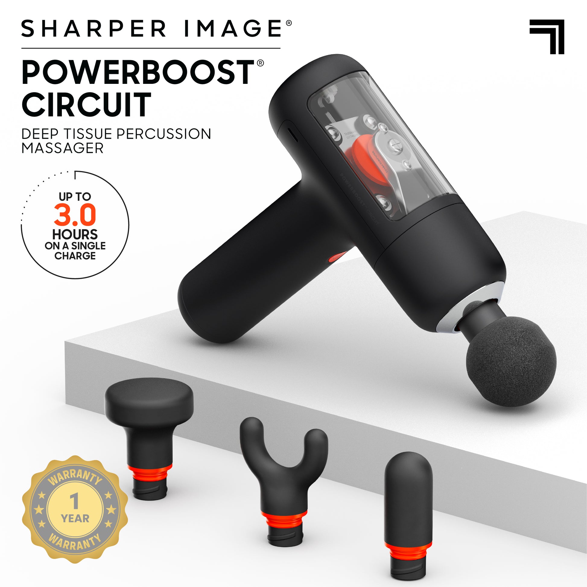 Sharper Image PowerBoost Circuit percussion massage gun with interchangeable massage heads and up to three hours of cordless runtime per charge.