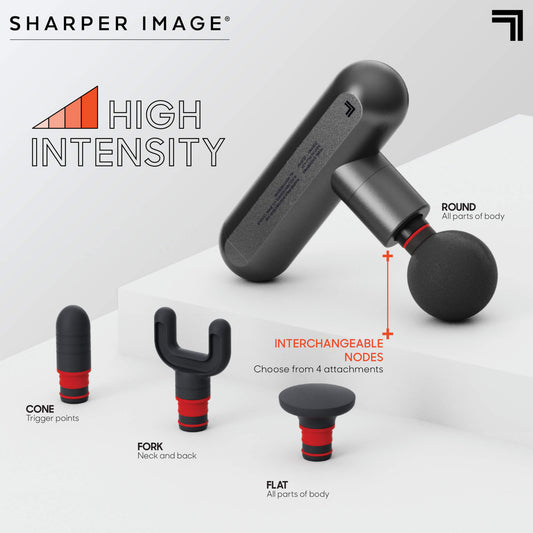 PowerBoost™ Move Portable Percussion Massager features high intensity, interchangable nodes showing 4 nodes that are round, cone, fork, flat