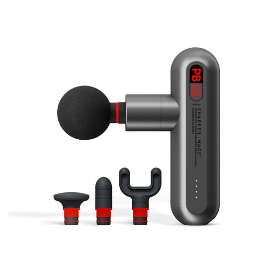 PowerBoost™ Move Portable Percussion Massager on white background with attachments