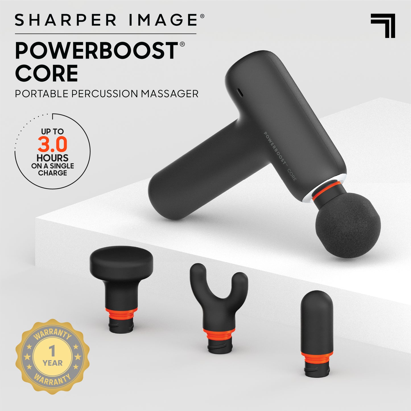 PowerBoost Core portable percussion massager with four interchangeable massage heads and up to three hours of cordless runtime per charge.