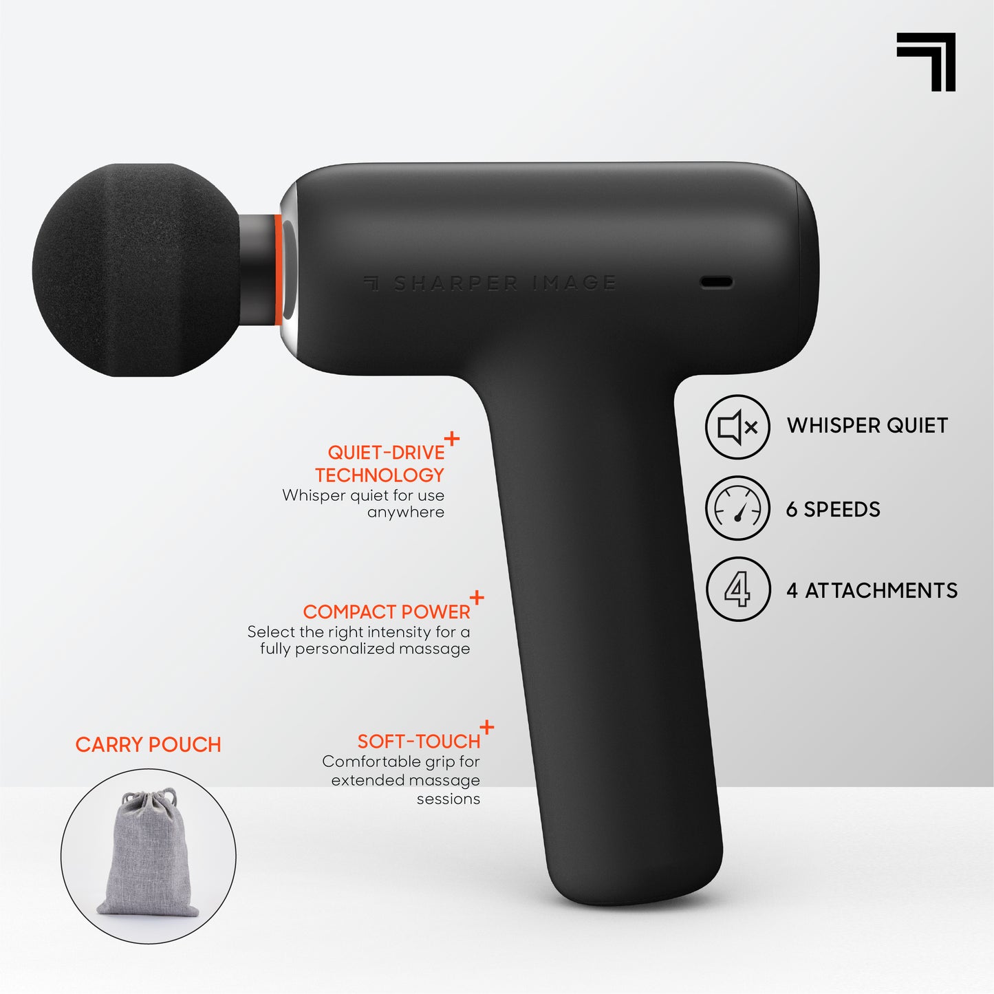 PowerBoost Core portable percussion massager highlighting whisper-quiet operation, six speed settings, four massage heads, soft-touch grip, compact design, and carry pouch.