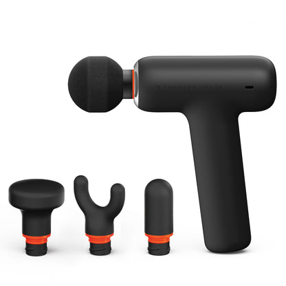 PowerBoost Core portable percussion massager with four interchangeable massage heads displayed on a white background.
