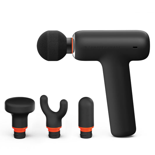 PowerBoost Core portable percussion massager with four interchangeable massage heads displayed on a white background.