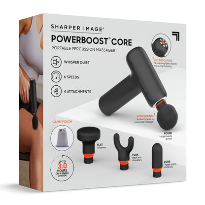 Back of the PowerBoost Core portable percussion massager retail box showing product features, massage head attachments, and included accessories.