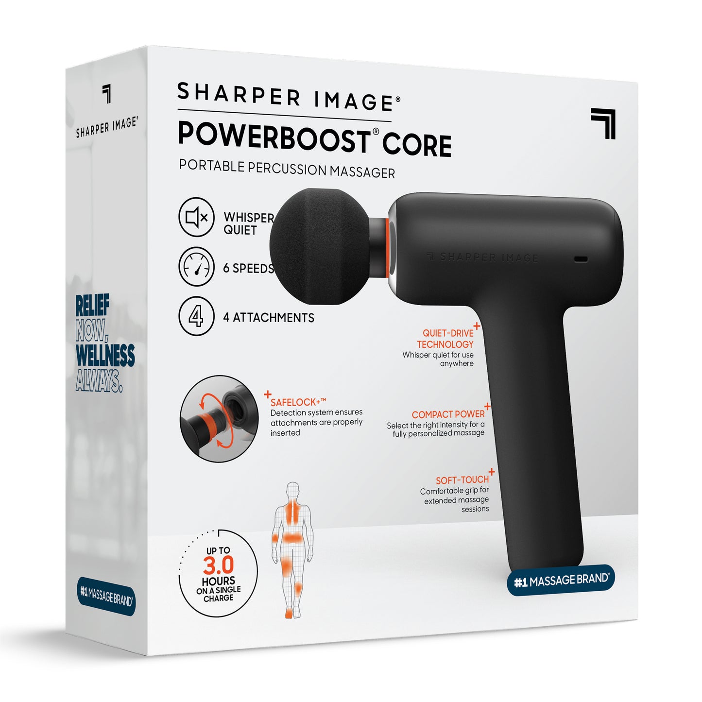 Front of the PowerBoost Core portable percussion massager retail box highlighting key features and included accessories.