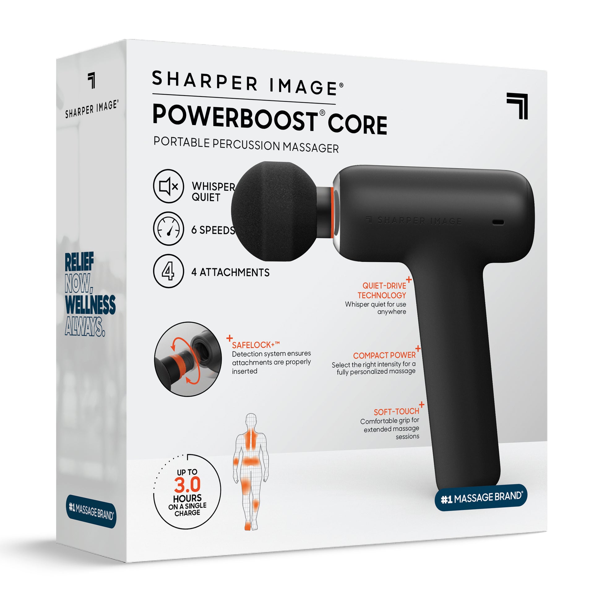 Front of the PowerBoost Core portable percussion massager retail box highlighting key features and included accessories.