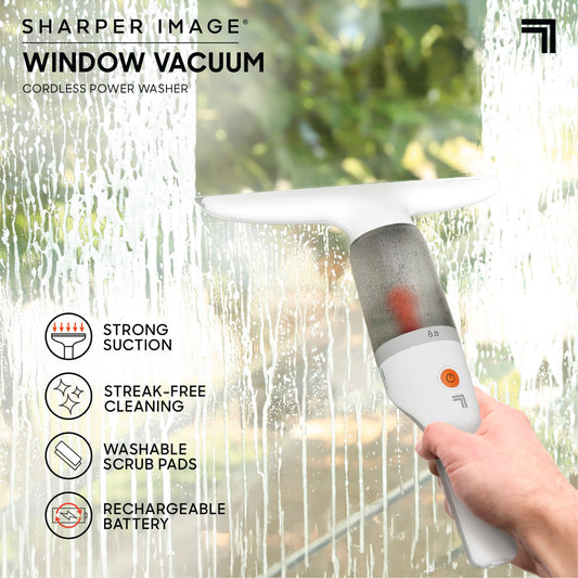 Window Vacuum - Cordless Power Washer being used on window features strong suction, streak-free cleaning, washable scrub pads, rechargeable battery