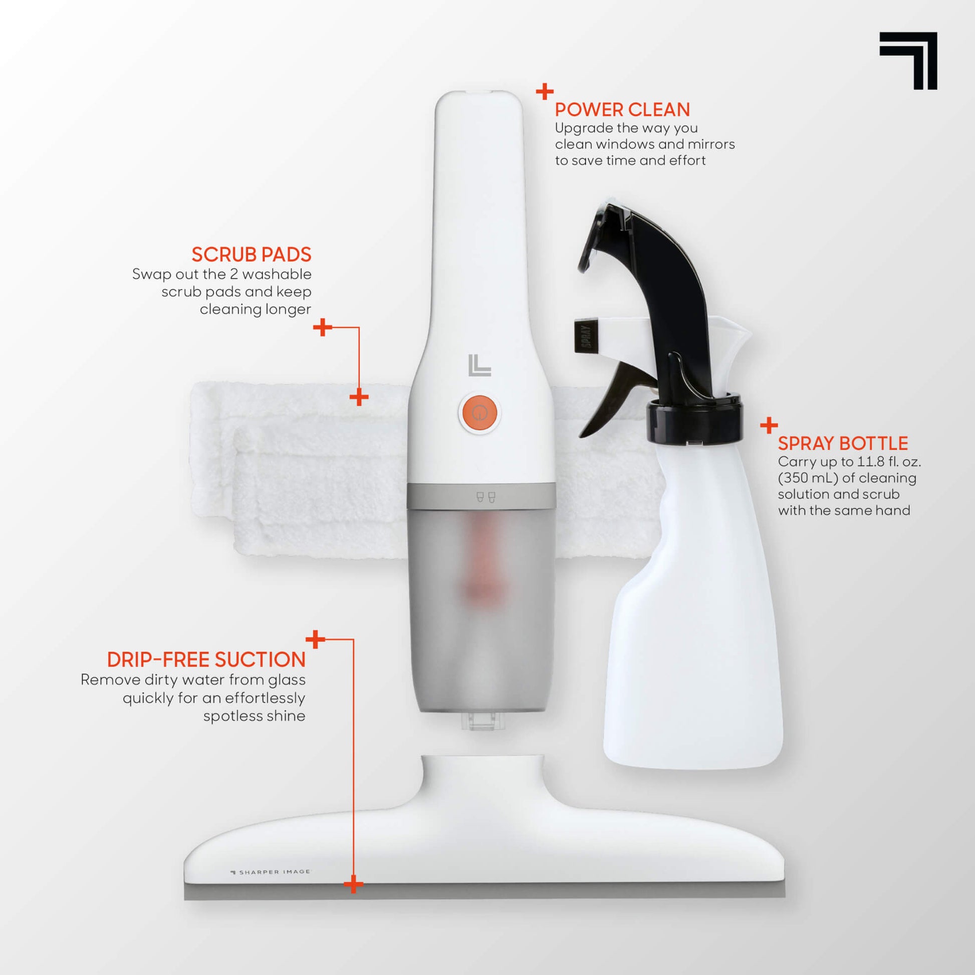 Window Vacuum - Cordless Power Washer on a white background with all pieces power clean, spray bottle, scrub pads, drip-free suction