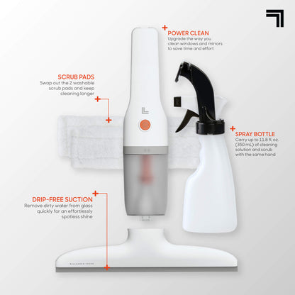 Window Vacuum - Cordless Power Washer on a white background with all pieces power clean, spray bottle, scrub pads, drip-free suction